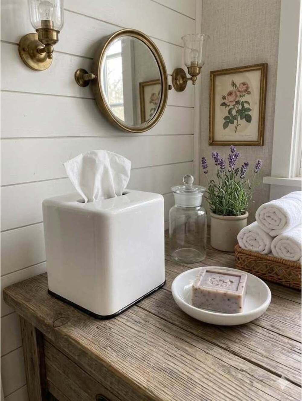 White ceramic Enamel Tissue Box Cover and Soap Dish Set